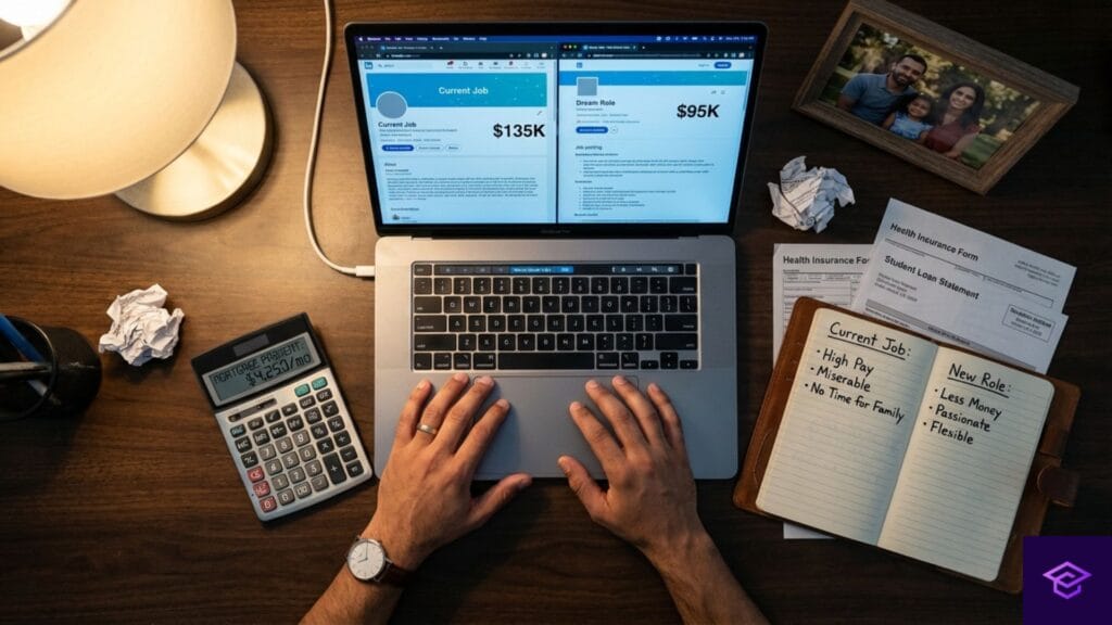 Overhead flat-lay shot on dark wood desk, open laptop showing two side-by-side browser tabs, left tab: current job LinkedIn profile with "$135K" salary visible, right tab: dream job posting showing "$95K", hands (Middle Eastern man, 37, visible watch and wedding ring) hovering between calculator showing mortgage payment calculation and open journal with pros/cons list ("Current Job: High Pay, Miserable, No Time for Family" vs "New Role: Less Money, Passionate, Flexible"), scattered items: family photo, health insurance documents, student loan statement, photorealistic documentary photography, shot with 35mm lens directly overhead, dramatic side desk lamp lighting creating shadows, horizontal 16:9, warm wood and cool screen light contrast, visual metaphor for difficult financial decision and golden handcuffs dilemma