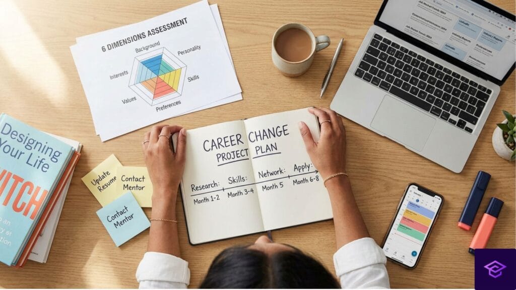 Overhead flat-lay shot on light wood desk, professional's hands (Indian woman, 29, visible simple jewelry) organizing career change planning materials in systematic layout, center: open notebook with "Career Change Project Plan" header and timeline drawn out (Research: Month 1-2, Skills: Month 3-4, Network: Month 5, Apply: Month 6-8), top left corner: printed "6 Dimensions Assessment" sheet with hexagon diagram showing Background, Interests, Personality, Skills, Values, Preferences with some sections highlighted, top right: laptop showing job market research tabs open, bottom left: stack of career books and post-it notes with action items, bottom right: smartphone showing calendar app with milestones marked, coffee cup, highlighters in CareerMIND brand colors (navy, coral), natural morning window light, photorealistic productivity photography, shot with 35mm lens directly overhead, horizontal 16:9, organized workspace aesthetic showing strategic career transition planning in progress, calm focused energy not chaos